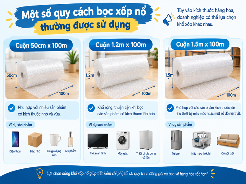 Một số quy cách bọc xốp nổ thường được sử dụng