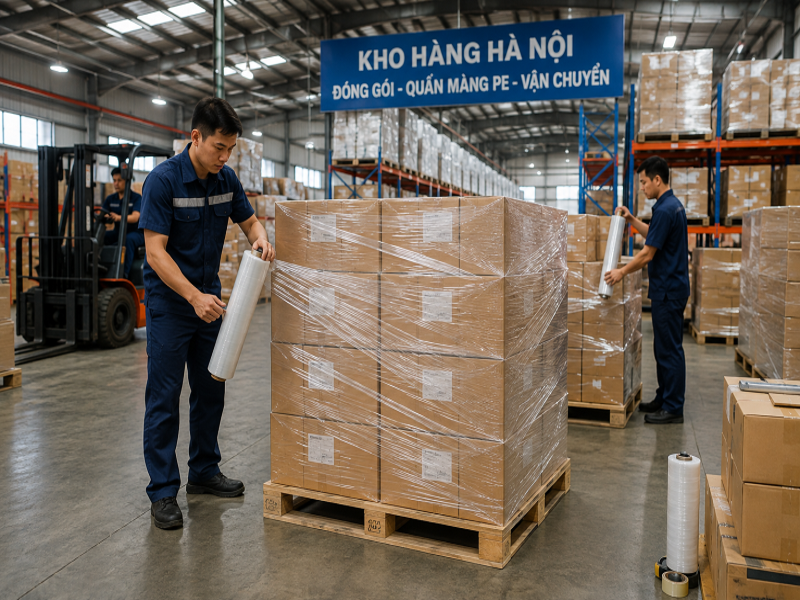 Công nhân quấn màng PE bọc hàng tại kho vận Hà Nội để bảo vệ pallet hàng hóa trước khi vận chuyển