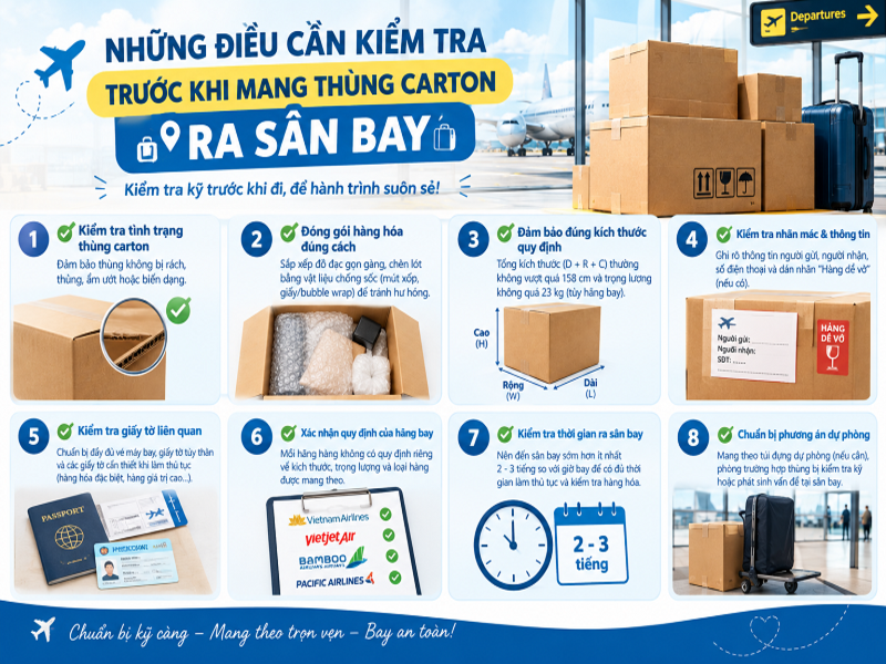 Những điều cần kiểm tra trước khi mang thùng carton ra sân bay