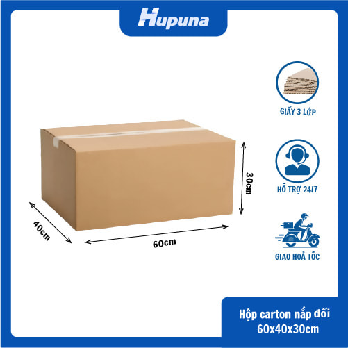 Hộp carton 60x40x30cm nắp đối 3 lớp, sóng B, mặt nâu đáy mộc
