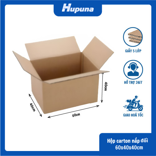 Hộp carton 60x40x40cm nắp đối, 5 lớp, sóng BC, một mặt nâu