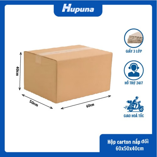 Hộp carton 60x50x40cm nắp đối, 3 lớp, sóng B, mặt nâu đáy mộc