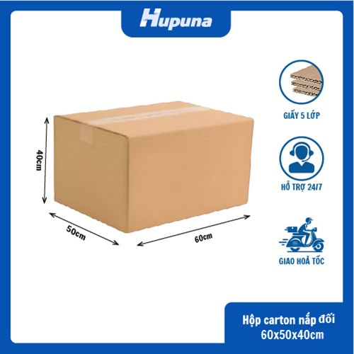 Hộp carton 60x50x40cm nắp đối, 5 lớp, sóng BC, một mặt nâu