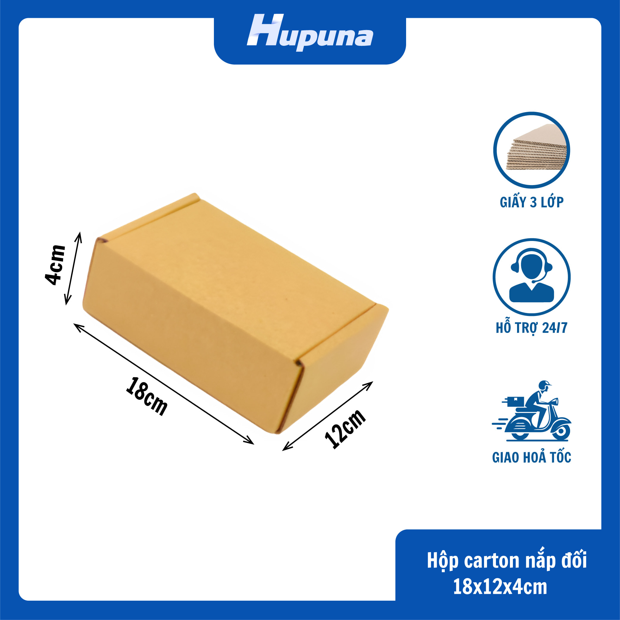 Hộp carton 18x12x4cm nắp gài 3 lớp sóng E, mặt nâu đáy mộc