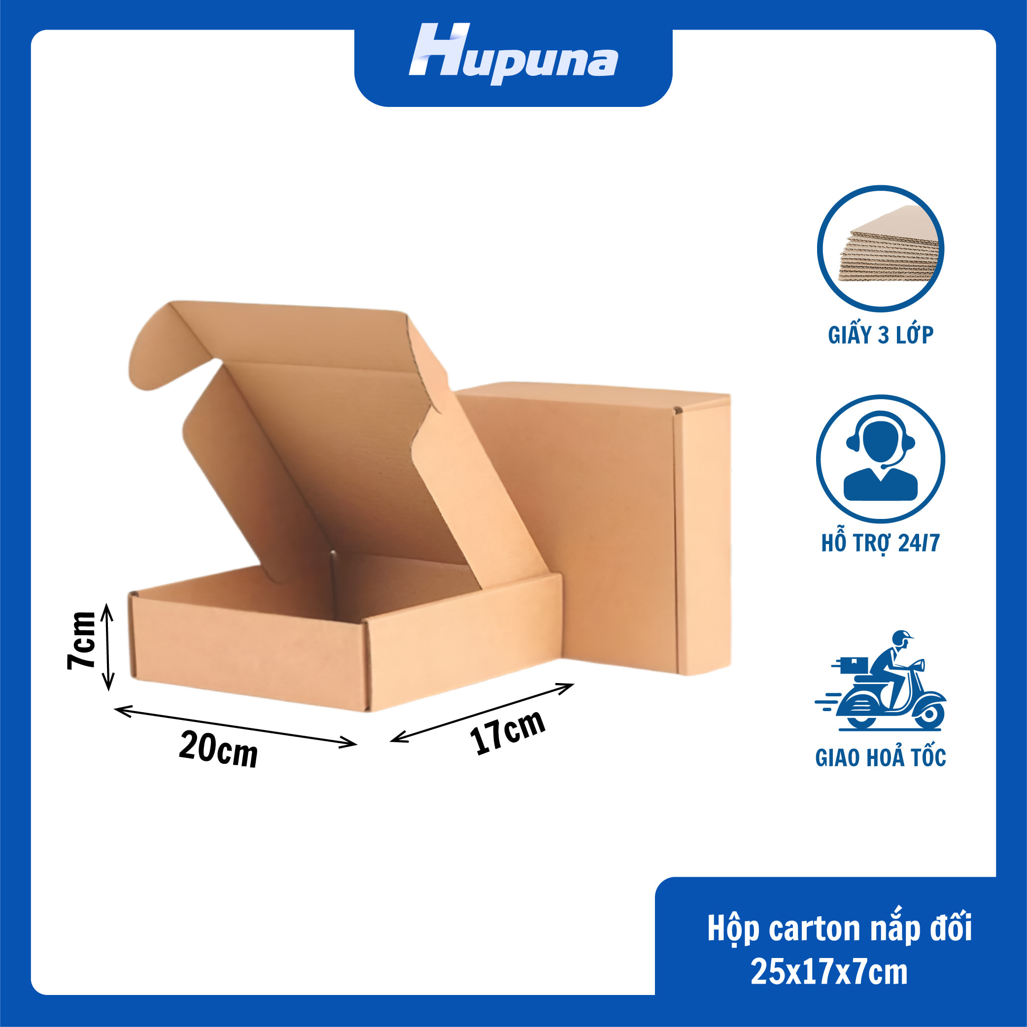 Hộp Carton 20x17x7cm nắp gài, 3 lớp, sóng E, mặt nâu đáy mộc