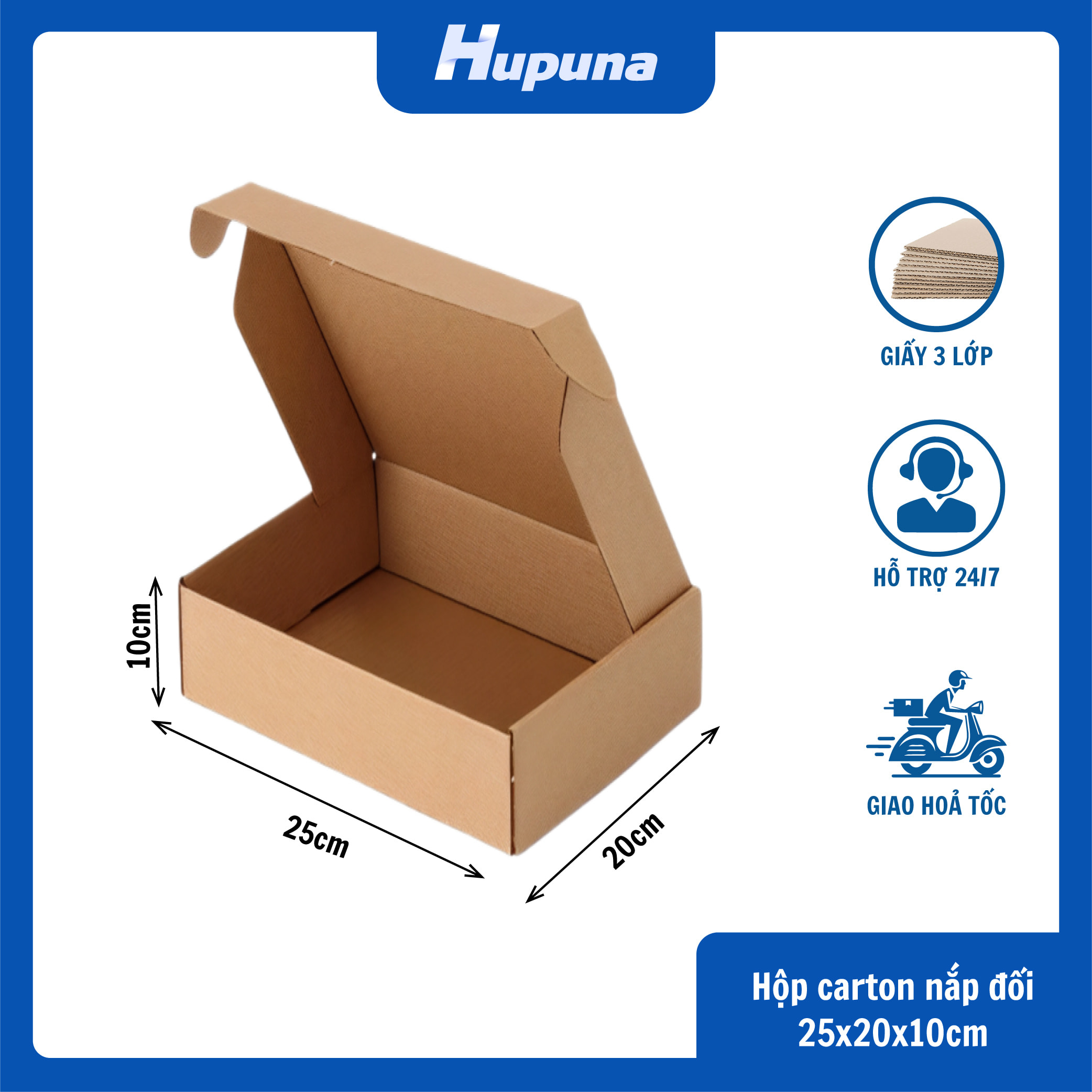Hộp carton 25x20x10cm nắp gài 3 lớp Nâu – mộc