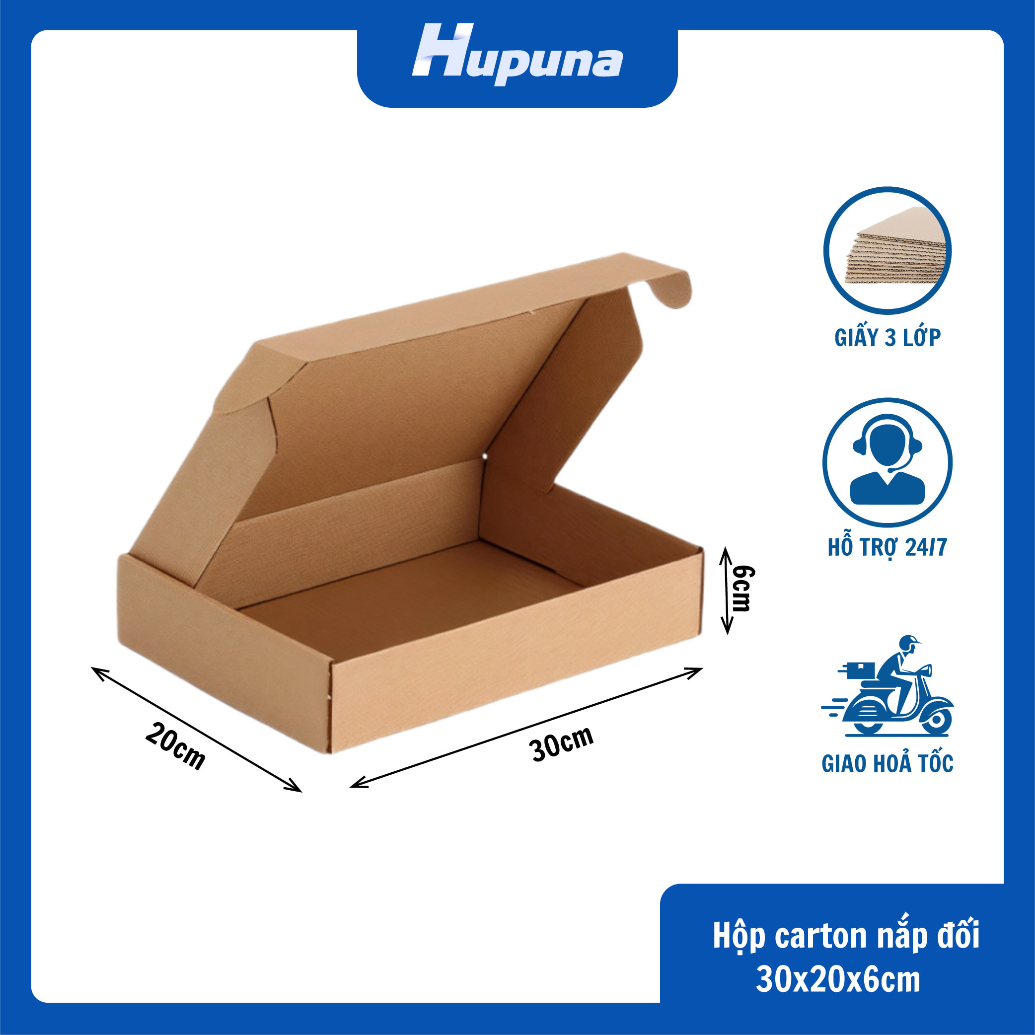 Hộp carton 30x20x6cm nắp gài, 3 lớp, sóng E, mặt nâu đáy mộc