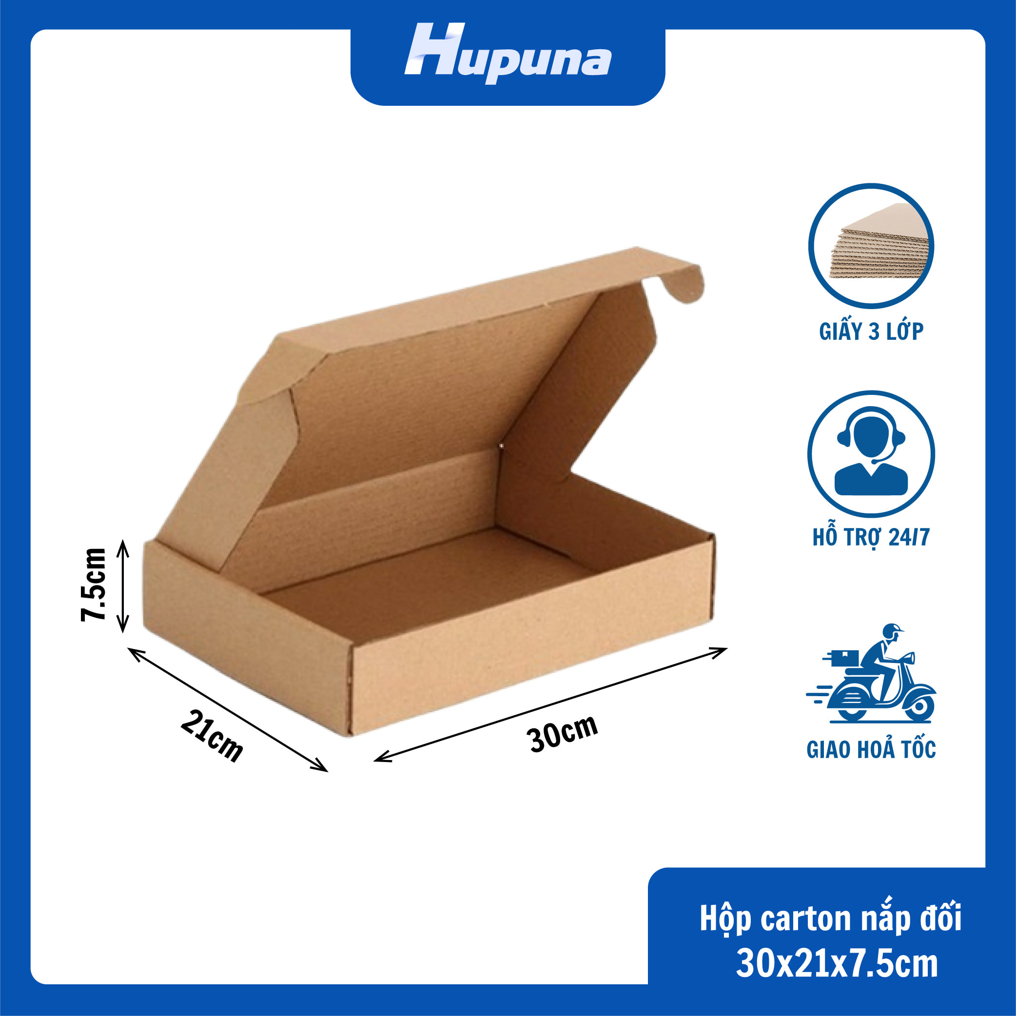Hộp carton 30x21x7.5cm nắp gài, 3 lớp, sóng E, mặt nâu đáy mộc