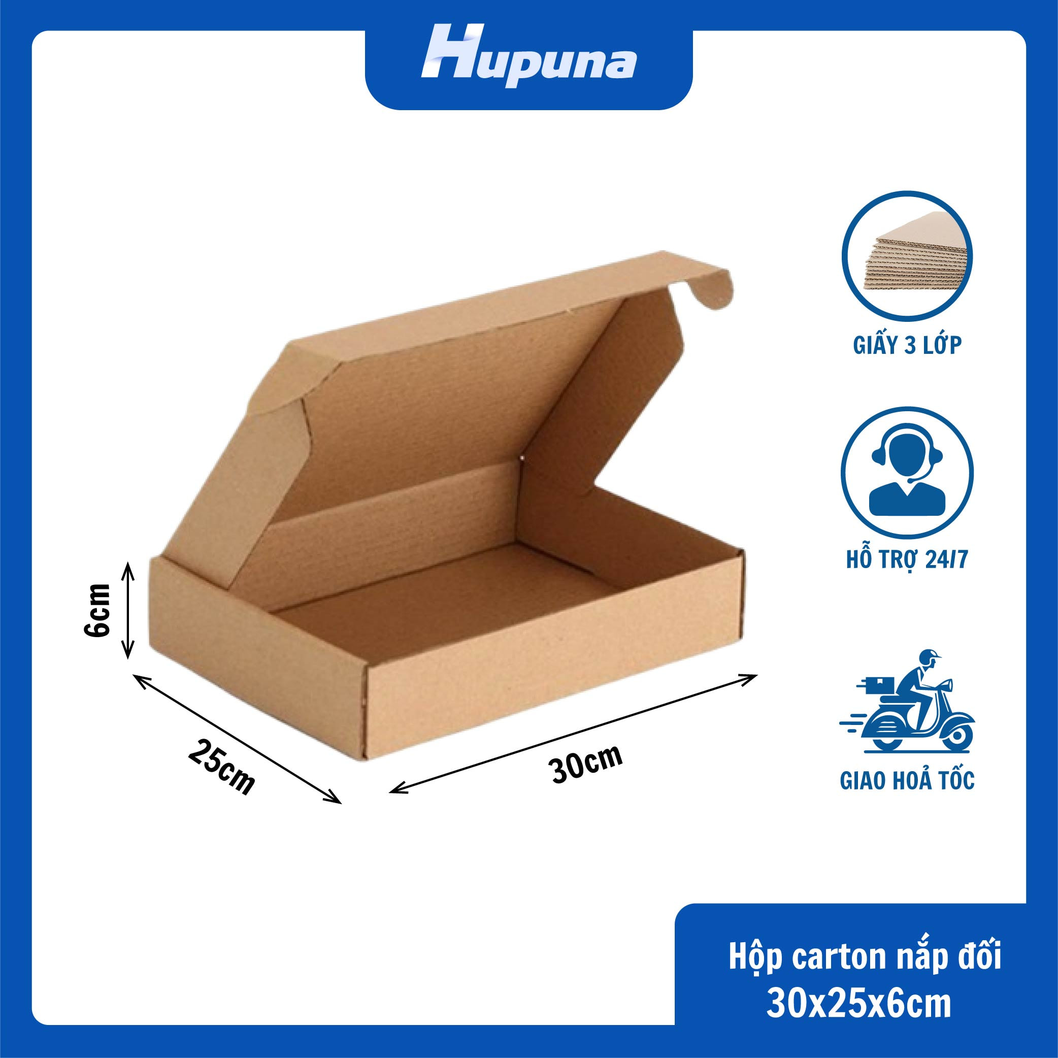 Hộp carton 30x25x6cm nắp gài, 3 lớp, sóng E, mặt nâu đáy mộc