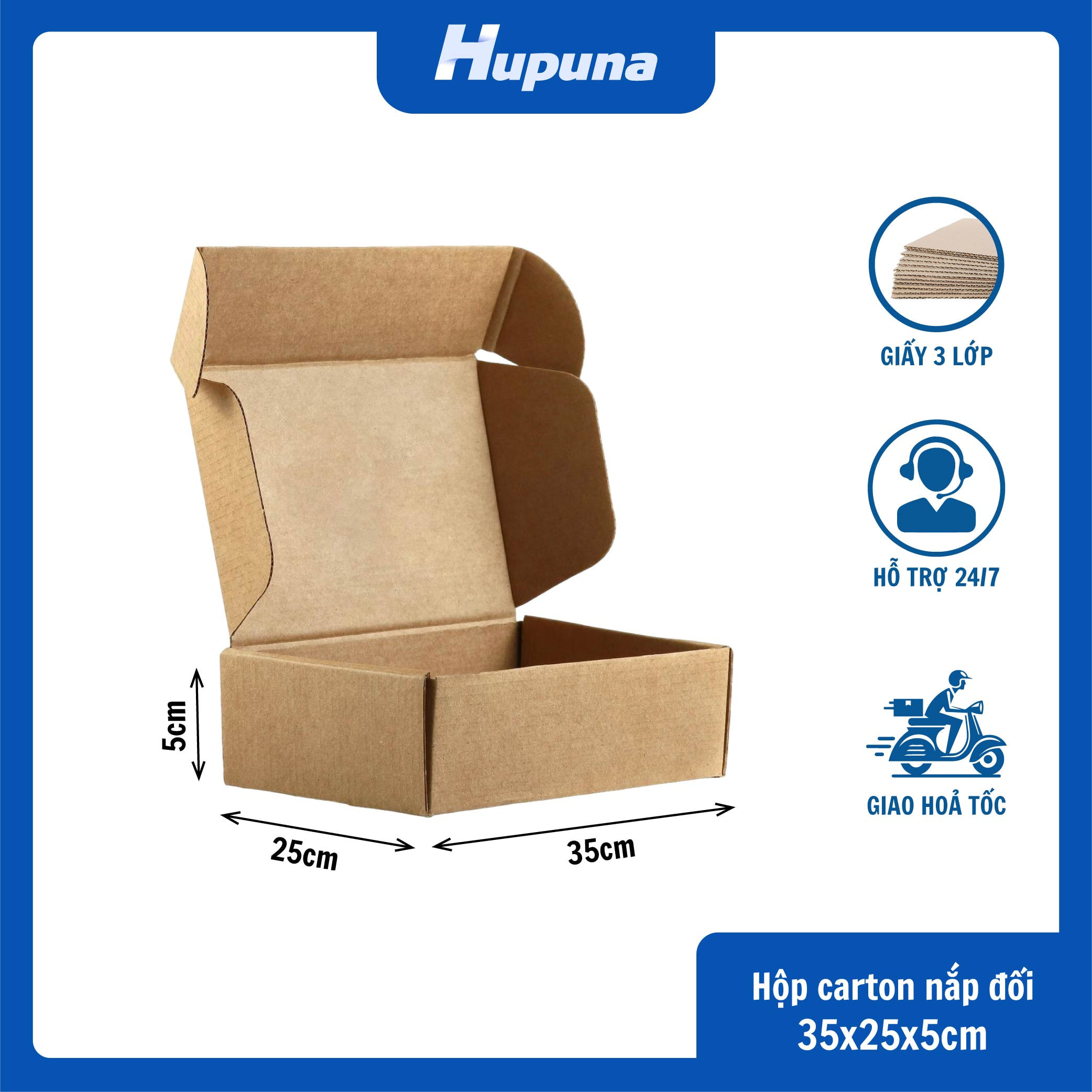 Hộp carton 35x25x10cm nắp gài 3 lớp, sóng E, mặt nâu đáy mộc