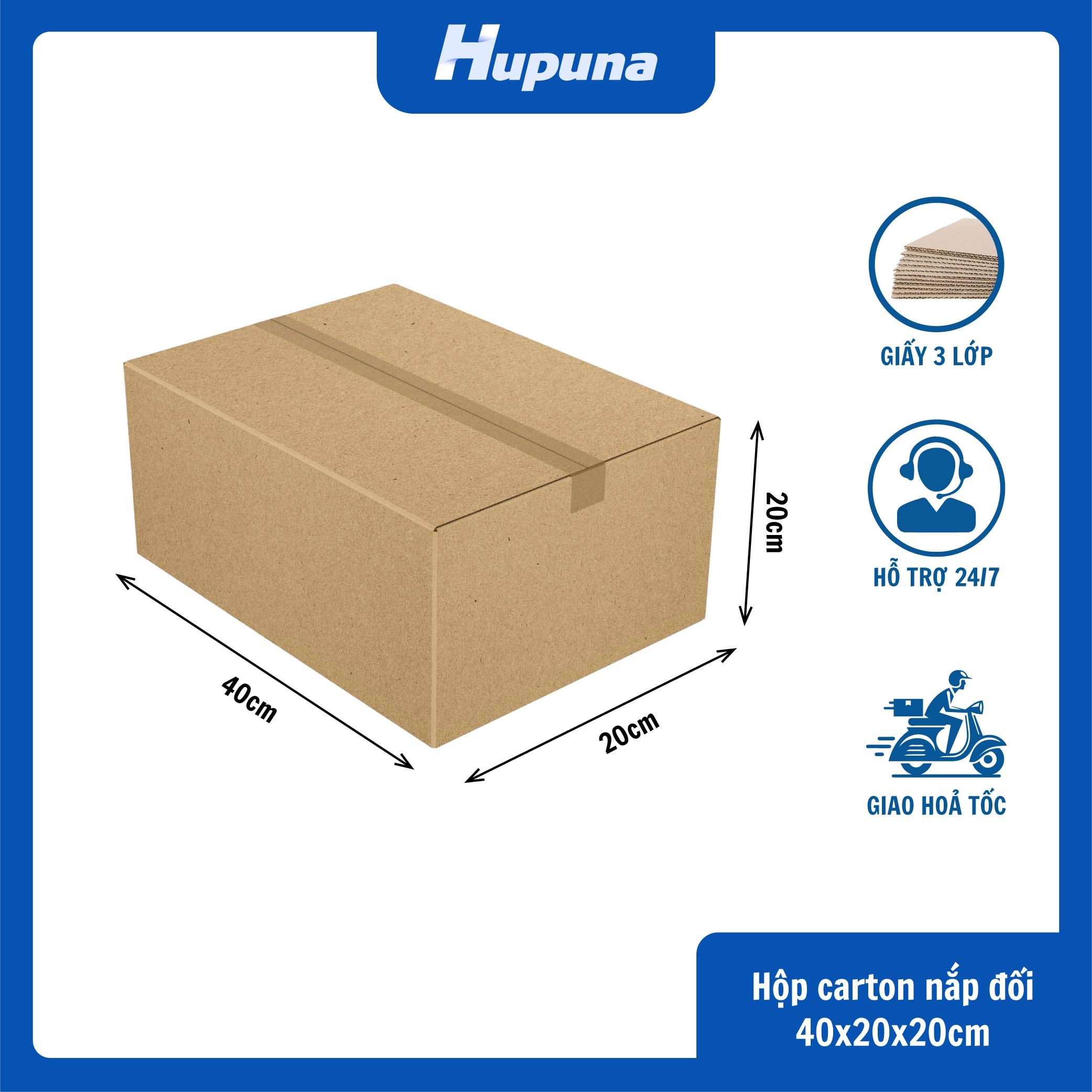 Hộp carton 40x20x20cm nắp đối 3 lớp