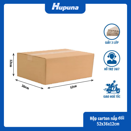 Hộp carton 52x36x12cm nắp đối 3 lớp, sóng B, mặt nâu đáy mộc