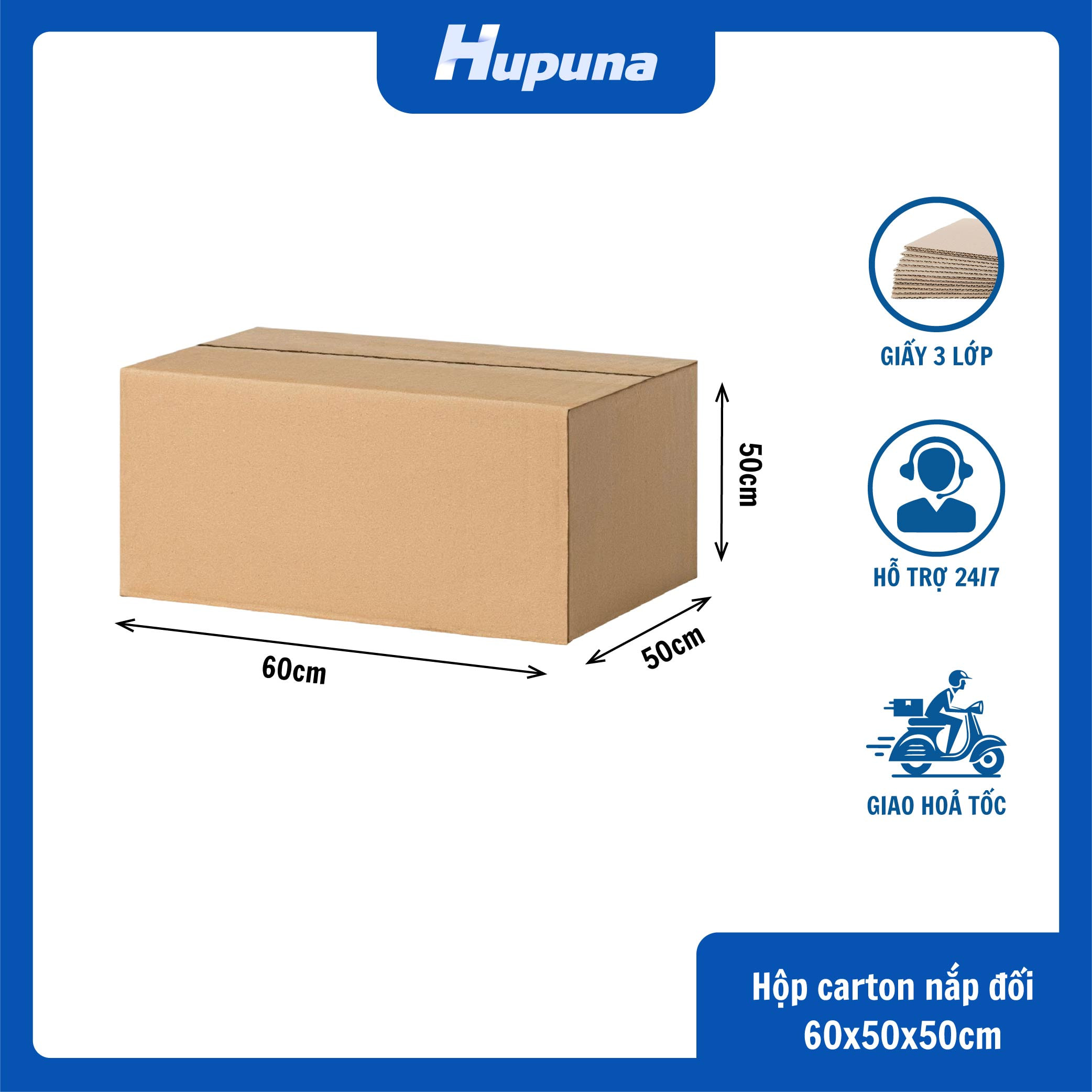 Hộp carton 60x50x50cm nắp đối 3 lớp