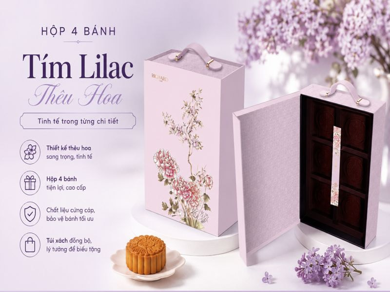 Hộp 4 bánh Tím Lilac Thêu Hoa