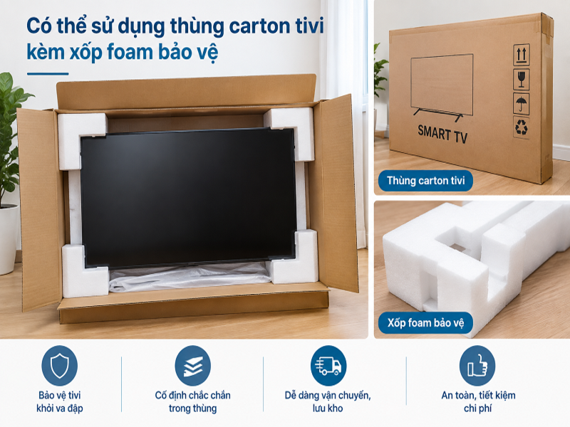 Có thể sử dụng thùng carton tivi kèm xốp bảo vệ