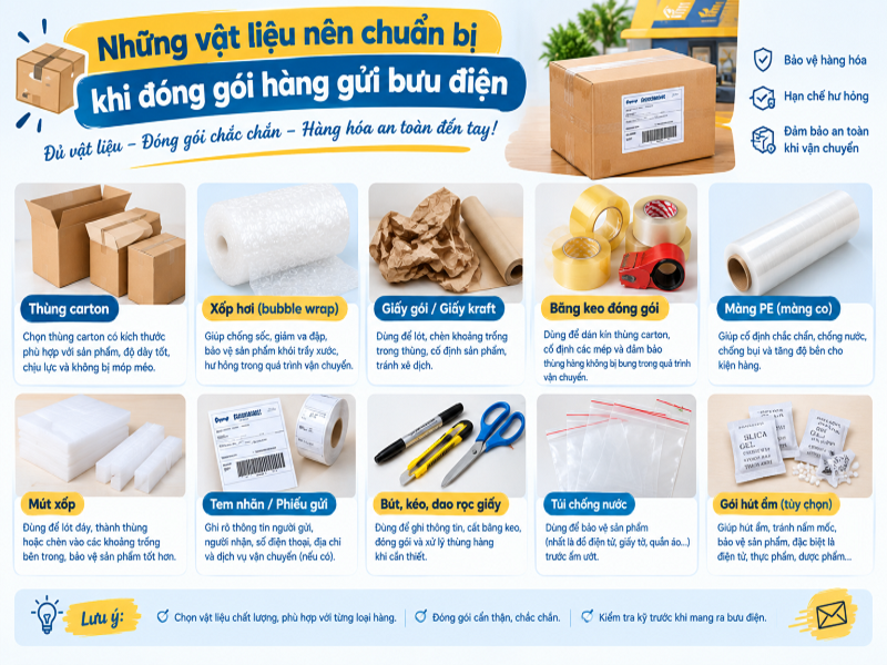 Những vật liệu nên chuẩn bị khi đóng gói hàng gửi bưu điện