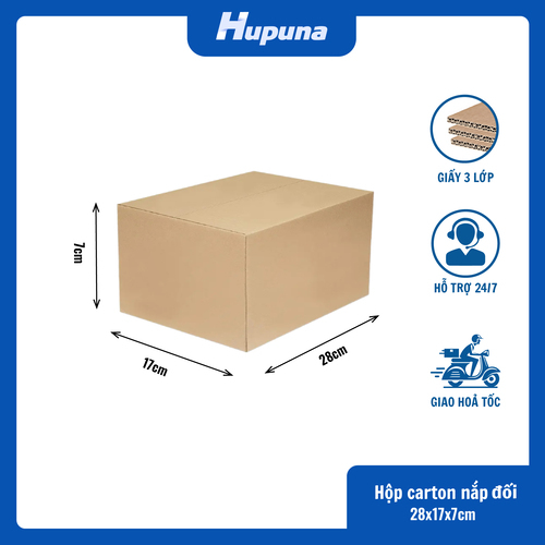 Hộp carton 28x17x7cm nắp đối, 3 lớp, sóng B, mặt nâu đáy mộc