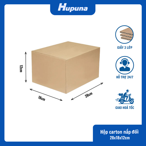 Hộp carton 28x18x12cm nắp đối, 3 lớp, sóng B, mặt nâu đáy mộc