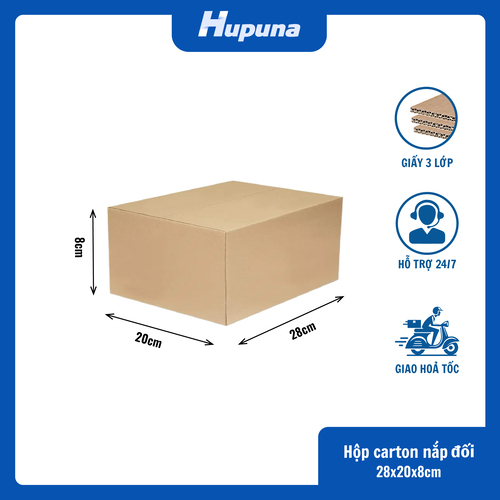 Hộp carton 28x20x8cm nắp đối, 3 lớp, sóng B, mặt nâu đáy mộc