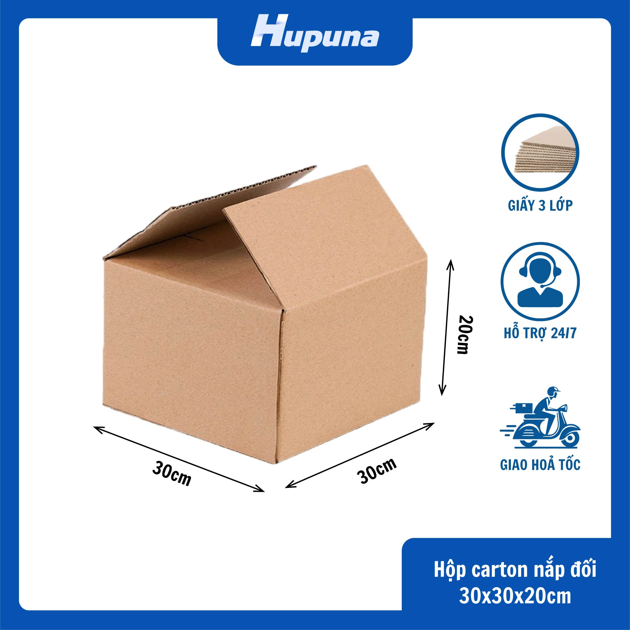 Hộp carton 30x30x20cm nắp đối, 3 lớp, sóng B, mặt nâu đáy mộc