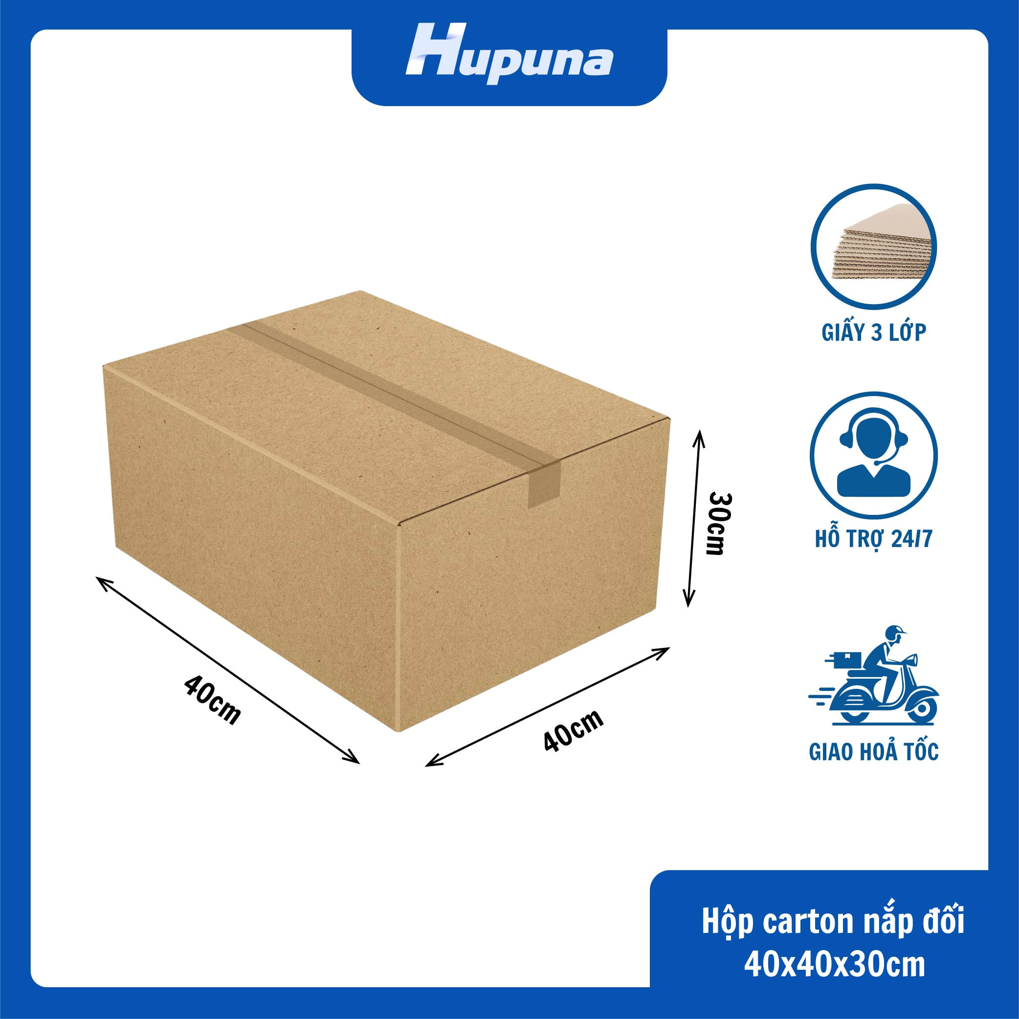 Hộp carton 40x40x30cm nắp đối, 3 lớp, sóng B, mặt nâu đáy mộc