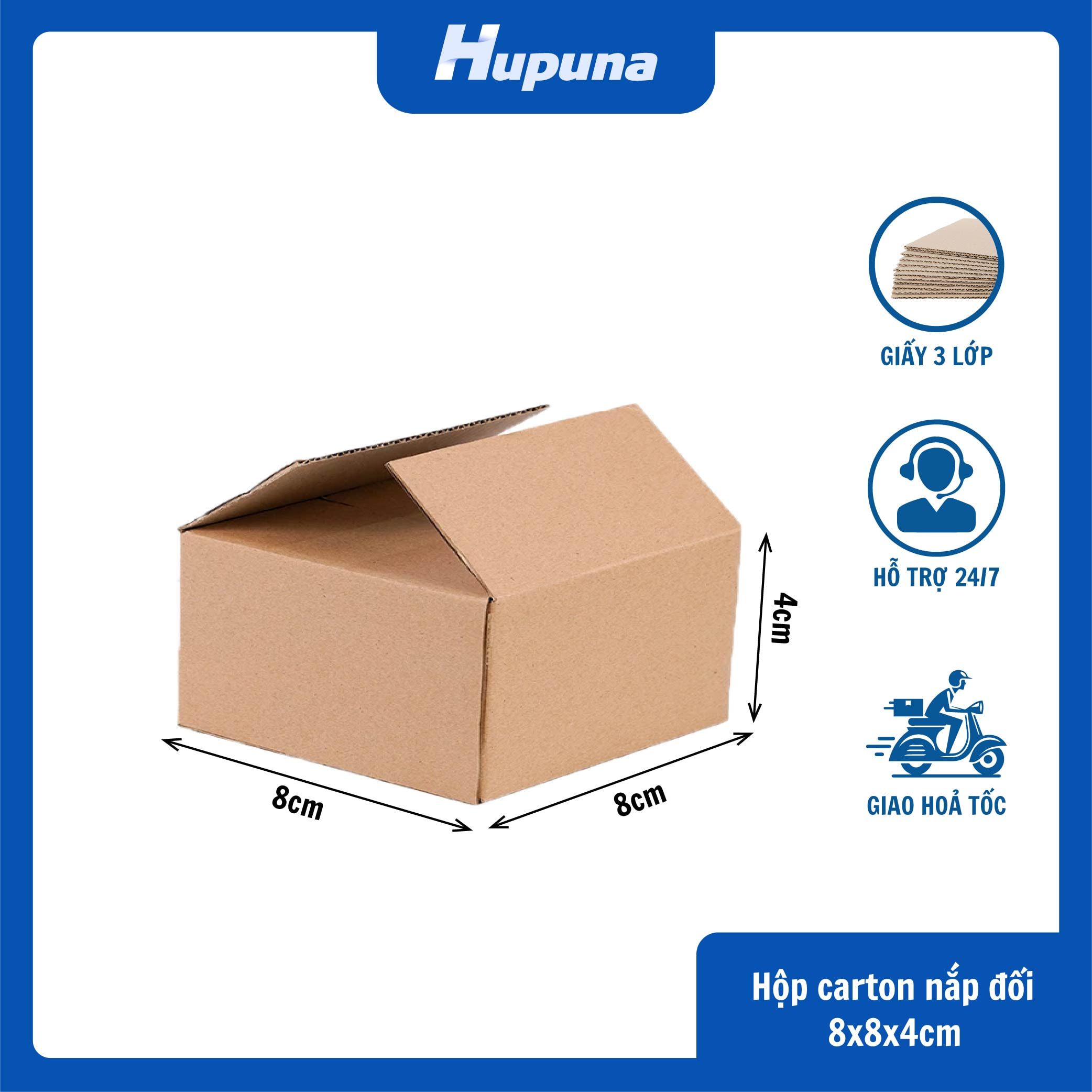 Hộp carton 8x8x4cm nắp đối, 3 lớp, sóng B, mặt nâu đáy mộc