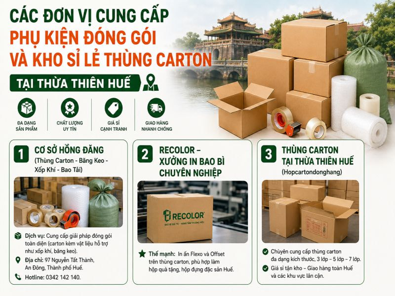 Các đơn vị cung cấp phụ kiện đóng gói và kho sỉ lẻ thùng carton tại Thừa Thiên Huế