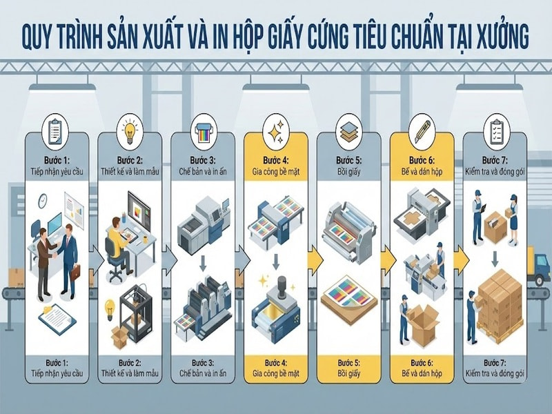 Quy trình sản xuất và in hộp giấy cứng tiêu chuẩn tại xưởng