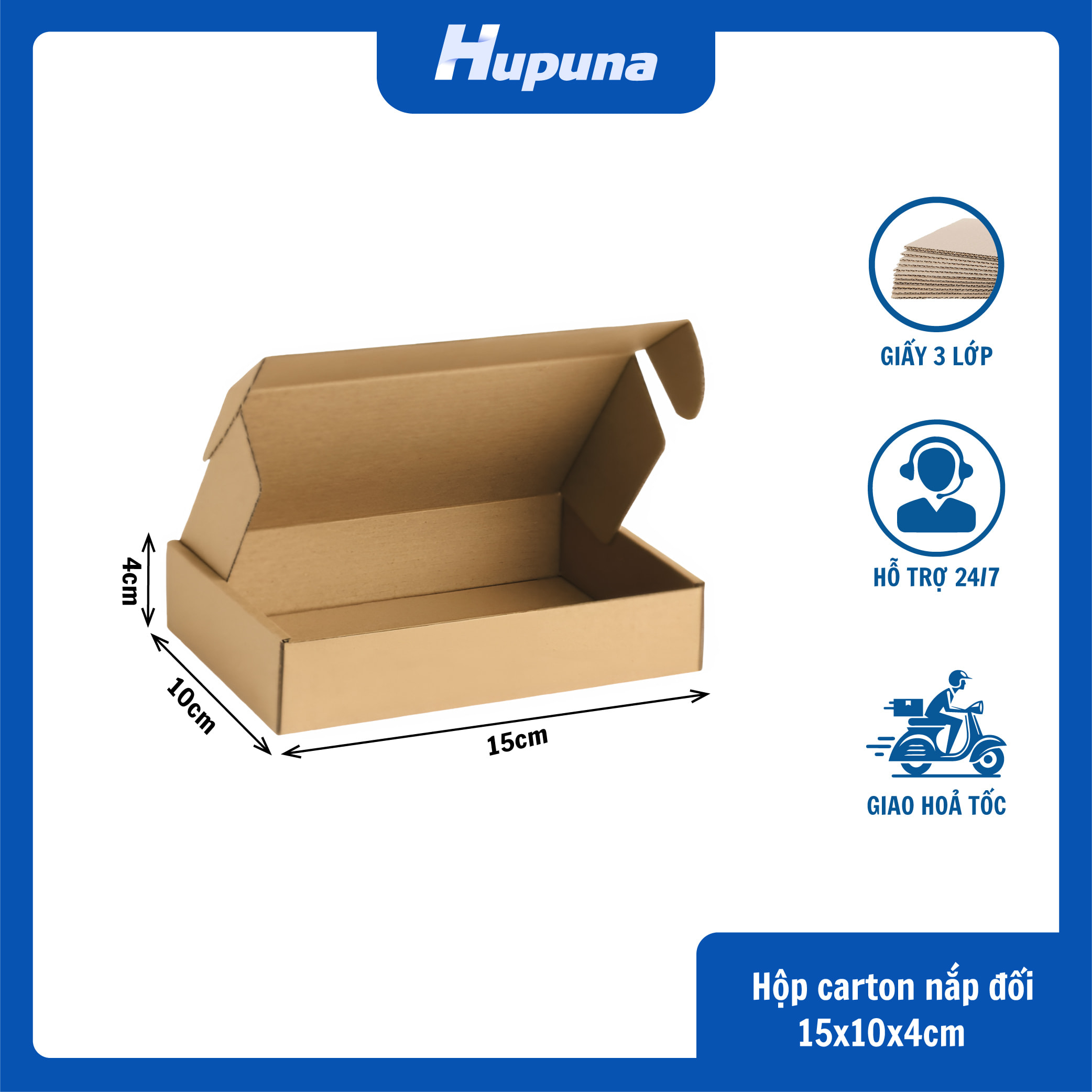 Hộp carton 15x10x4cm nắp gài 3 lớp E Nâu mộc