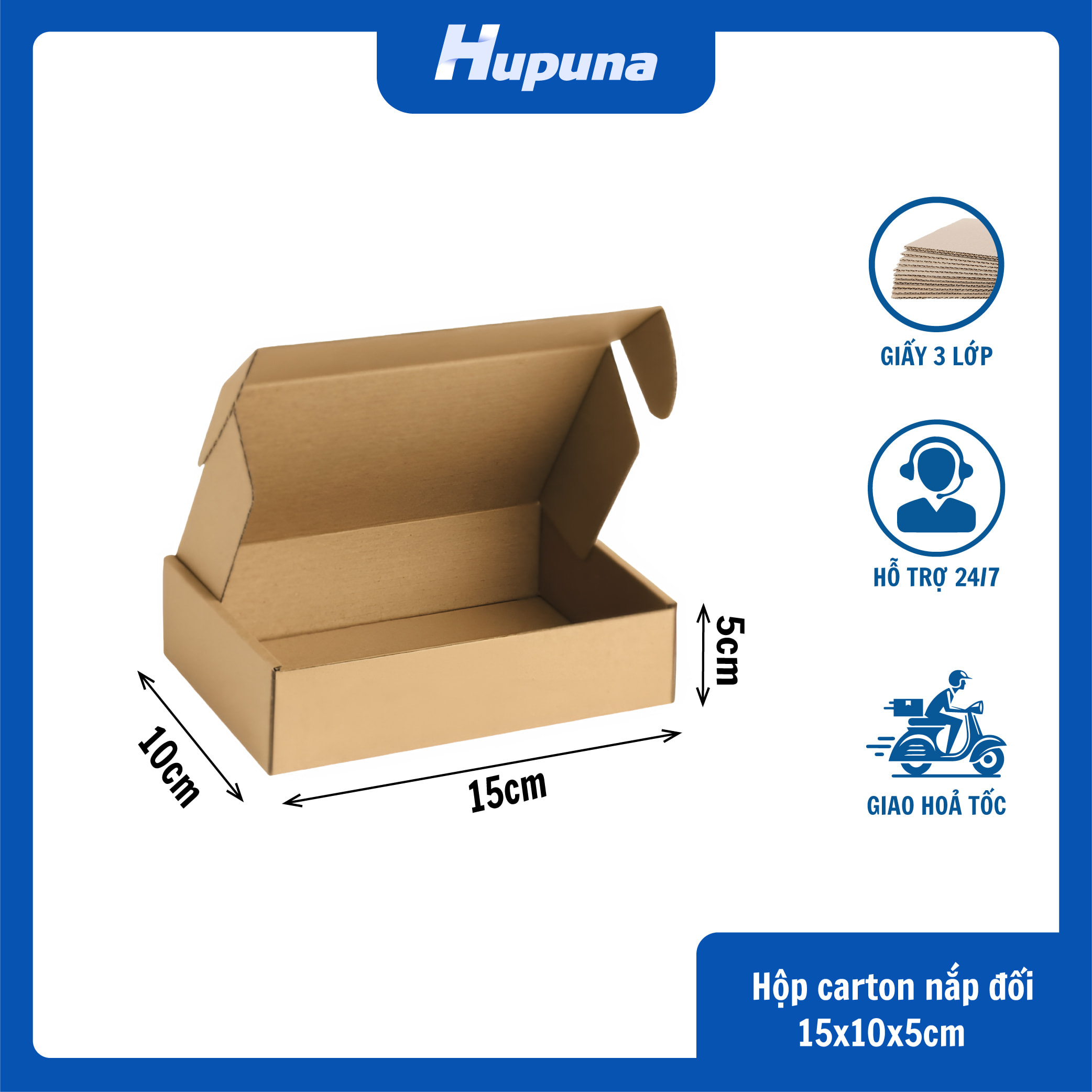 Hộp carton 15x10x5cm nắp gài 3 lớp Nâu mộc