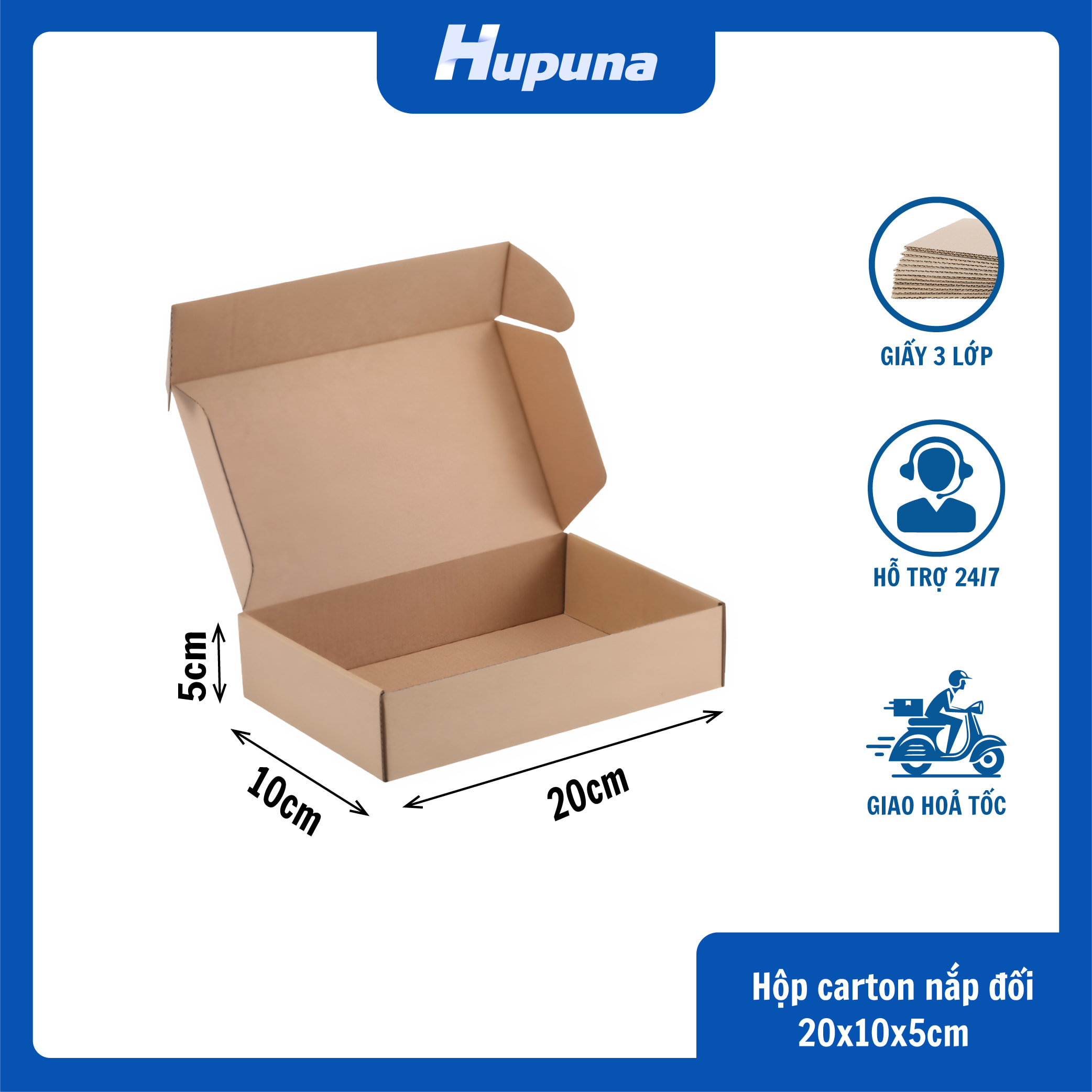 Hộp carton 20x10x5cm nắp gài 3 lớp Nâu – mộc