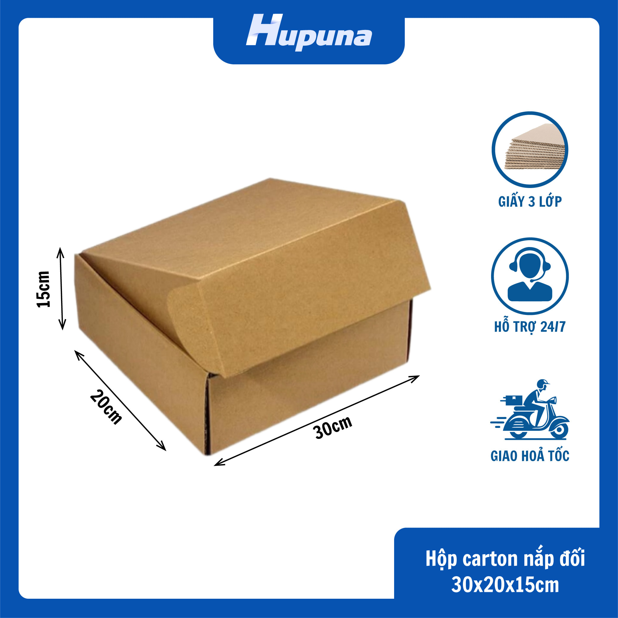 Hộp carton 30x20x15cm nắp gài 3 lớp Nâu – mộc