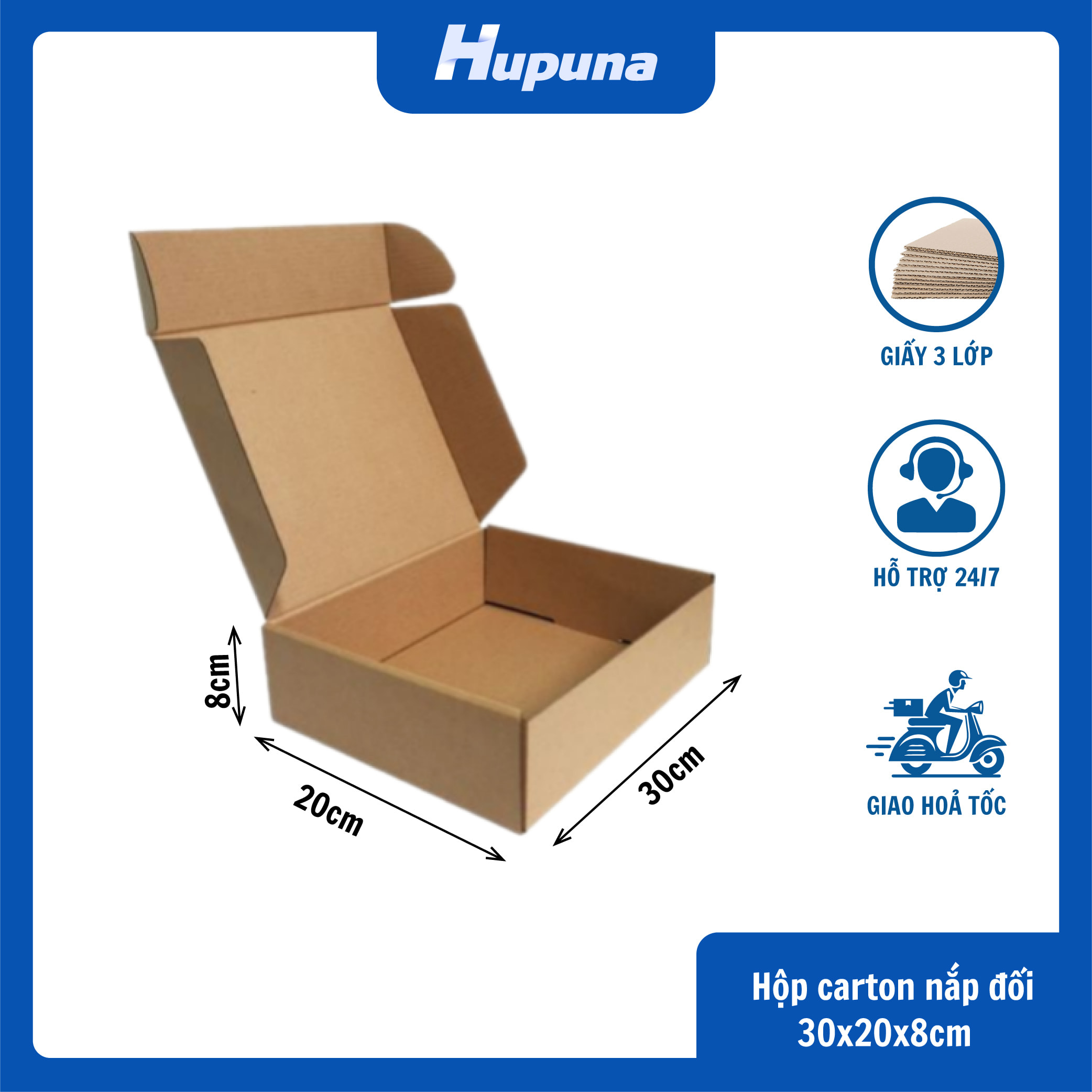 Hộp carton 30x20x8cm nắp gài 3 lớp E Nâu – mộc