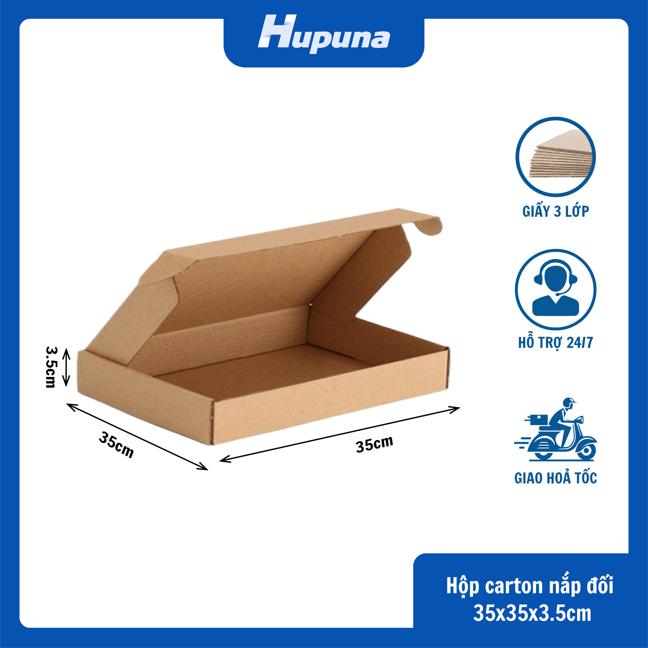 Hộp carton 35x35x3.5cm nắp gài 3 lớp E Nâu – mộc