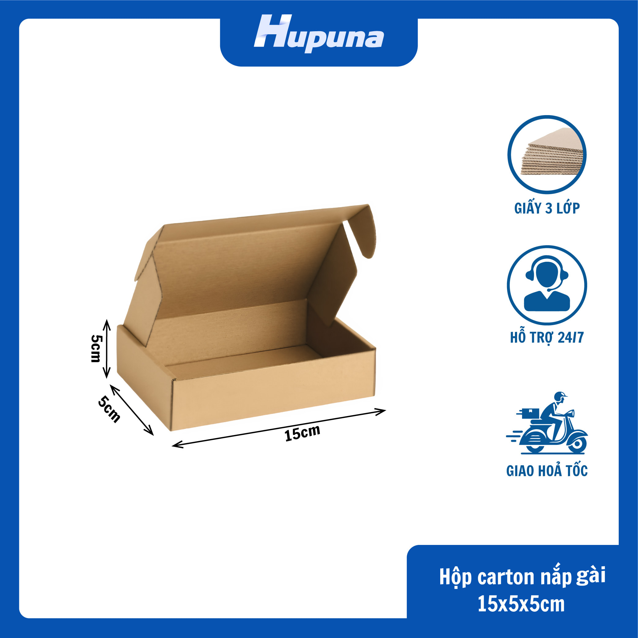 Hộp carton 15x5x5cm nắp gài 3 lớp E Nâu mộc