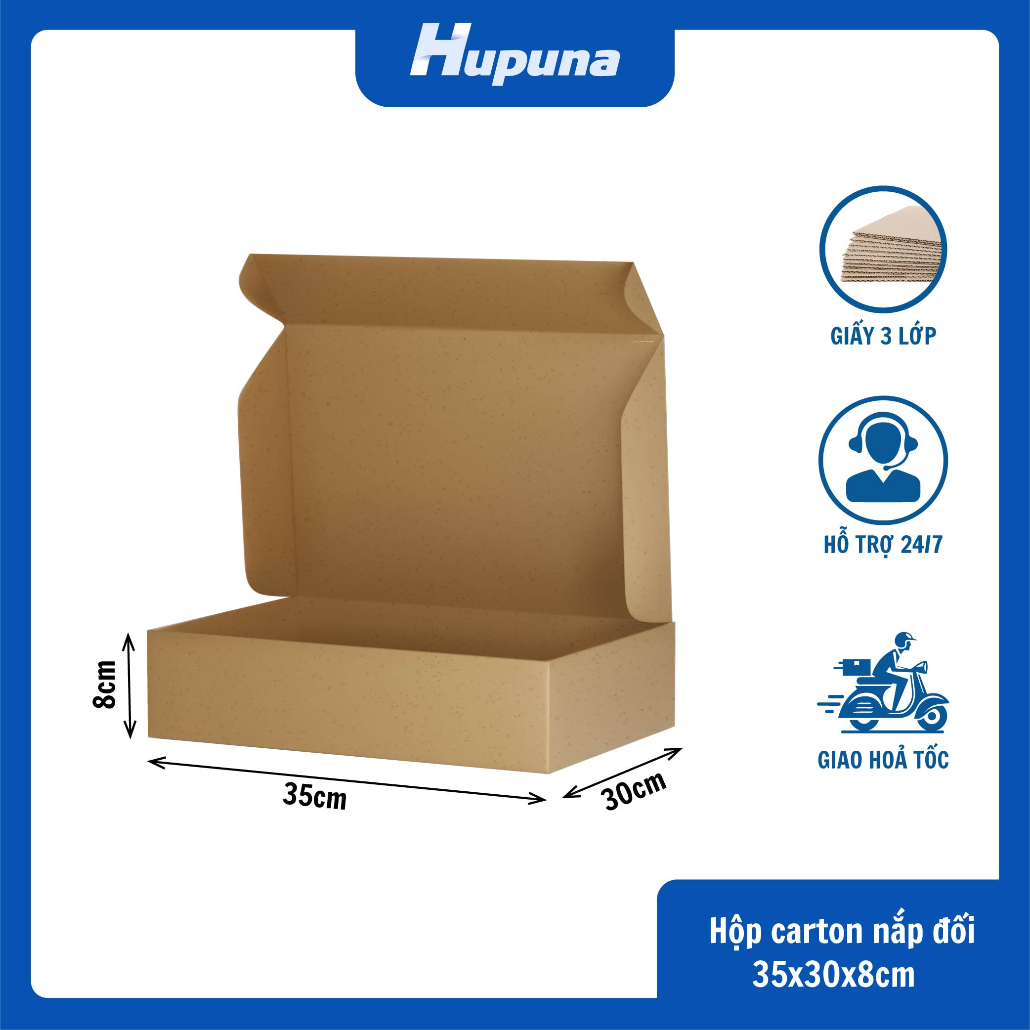 Hộp carton 35x30x8cm nắp gài 3 lớp, sóng E, mặt nâu đáy mộc