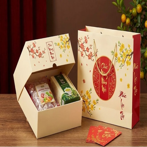 Combo hộp giấy mềm và túi giấy đựng quà tết