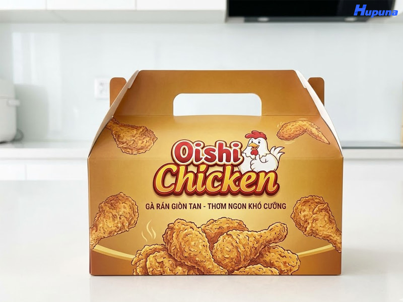 Hộp giấy của thương hiệu "Gà Rán Oishi" do Hupuna thực hiện ảnh 1