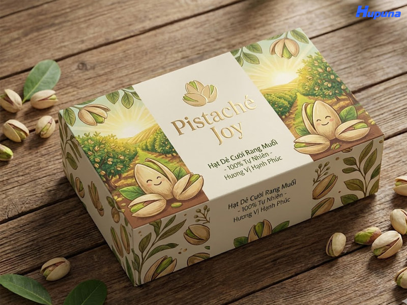 Hộp giấy đựng hạt dẻ cười của thương hiệu Pistache Joy