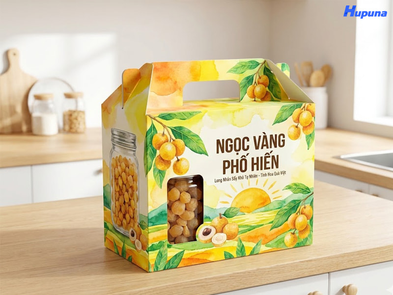 Hộp giấy đựng long nhãn của Ngọc Vàng Phố Hiến