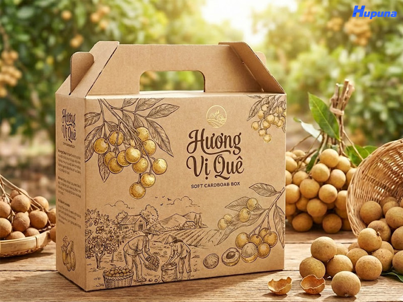 Hộp giấy đựng long nhãn của thương hiệu Hương Vị Quê