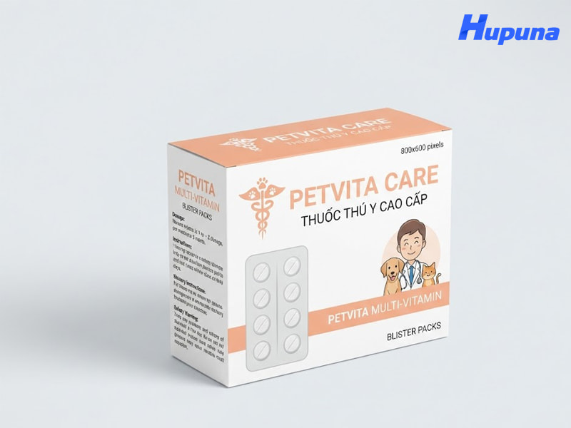 Hộp giấy đựng thuốc thú y của thương hiệu PETVITA CARE