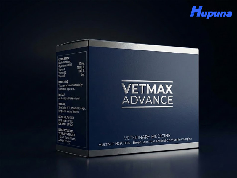 Hộp giấy đựng thuốc thú y của thương hiệu VETMAX ADVANCE