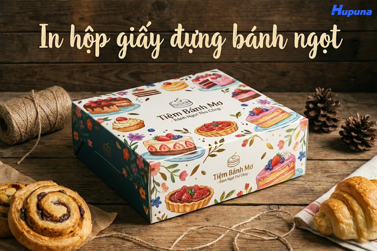 In hộp giấy đựng bánh ngọt