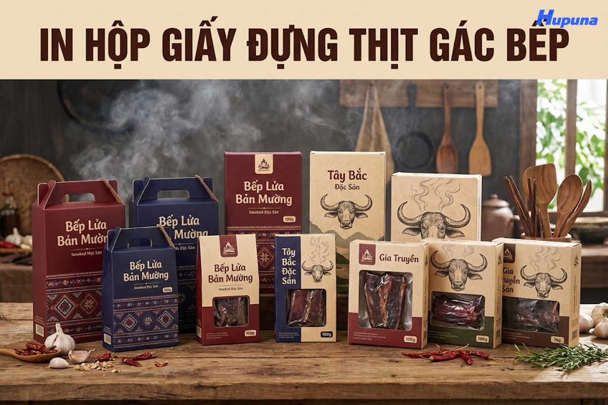 In hộp giấy đựng thịt gác bếp