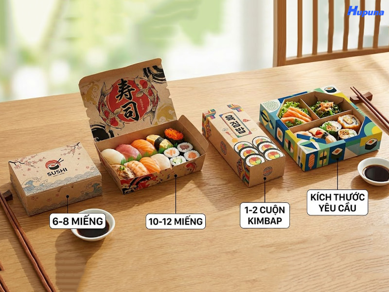 Kích thước phổ biến khi in hộp giấy đựng sushi kimbap