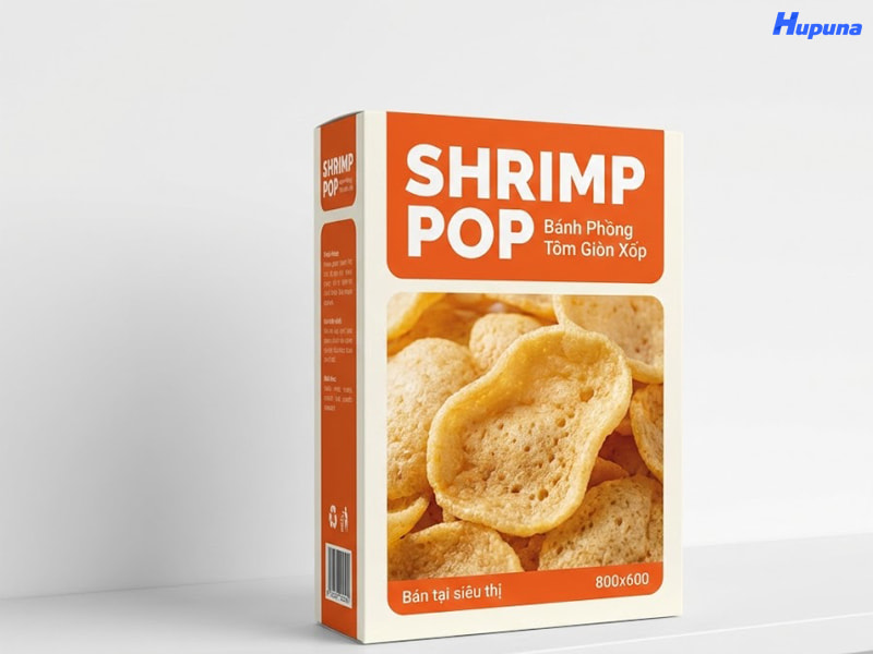 Hộp giấy bánh phồng tôm của thương hiệu SHRIMP POP