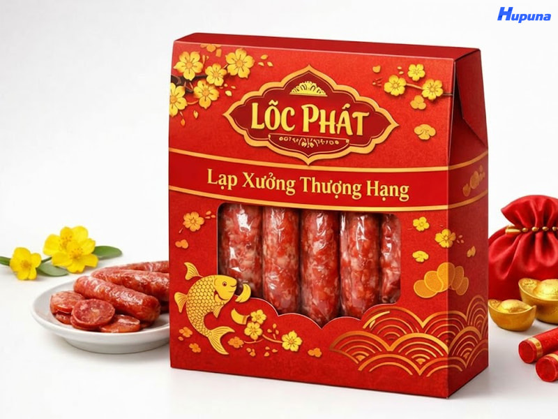 Hộp giấy đựng lạp xưởng của thương hiệu Lộc Phát