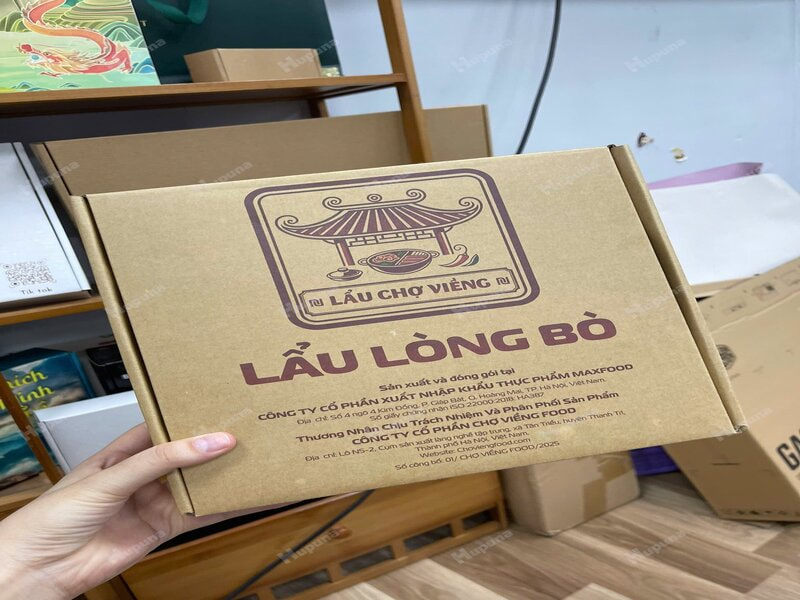 Hộp nắp gài in flexo đựng lẩu lòng bò thương hiệu Lẩu Chợ Viềng do Hupuna sản xuất