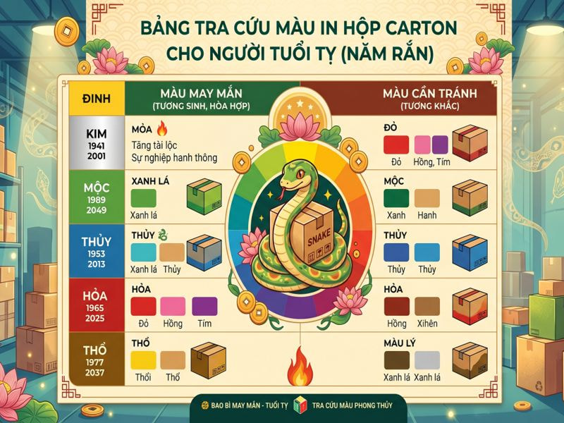 Bảng tra cứu màu in hộp carton cho người tuổi Tỵ